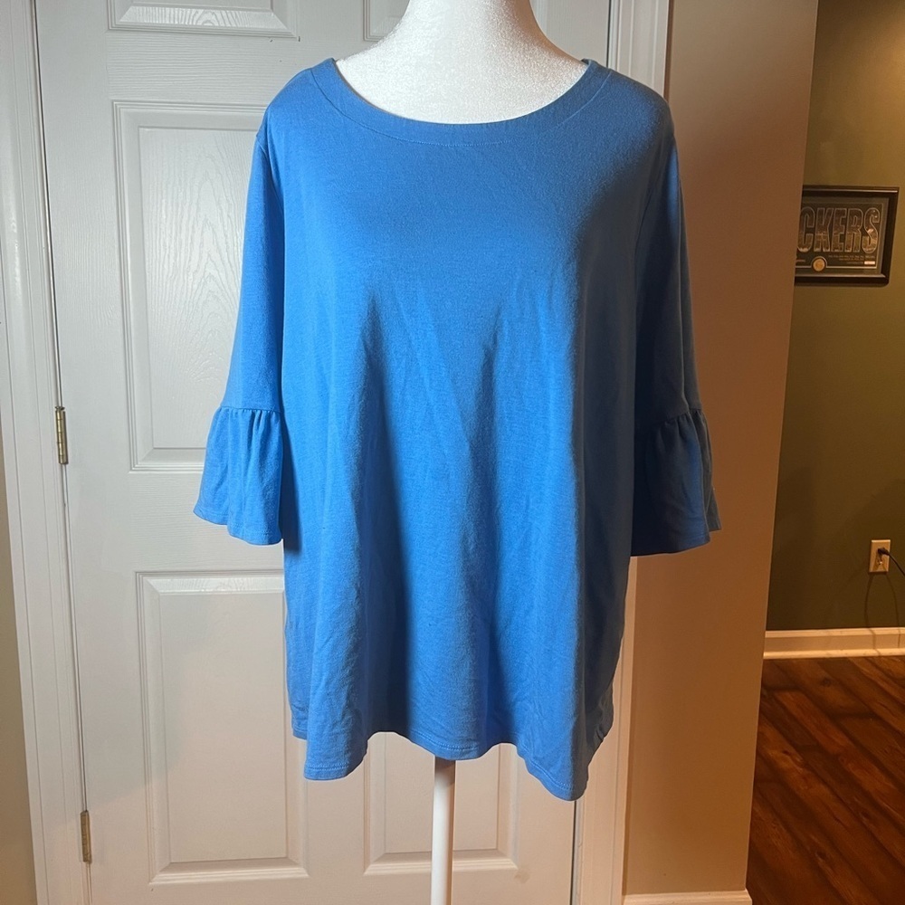 J Jill Top Shirt XL Solid Blue 3/4 Sleeve Ruffle Stretch Cotton Heavyweight